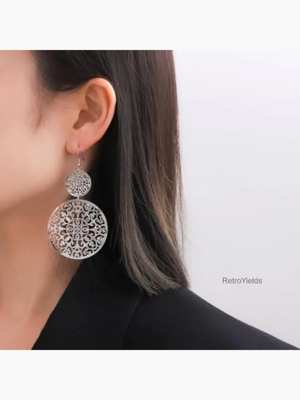 Boho Filigree Geometric Dangle Drop Earrings for Women, Double Round Disc